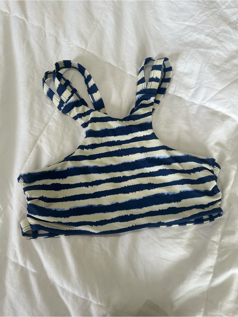 Tori Praver Swimwear Navy and White Striped High-Neck Bikini Top